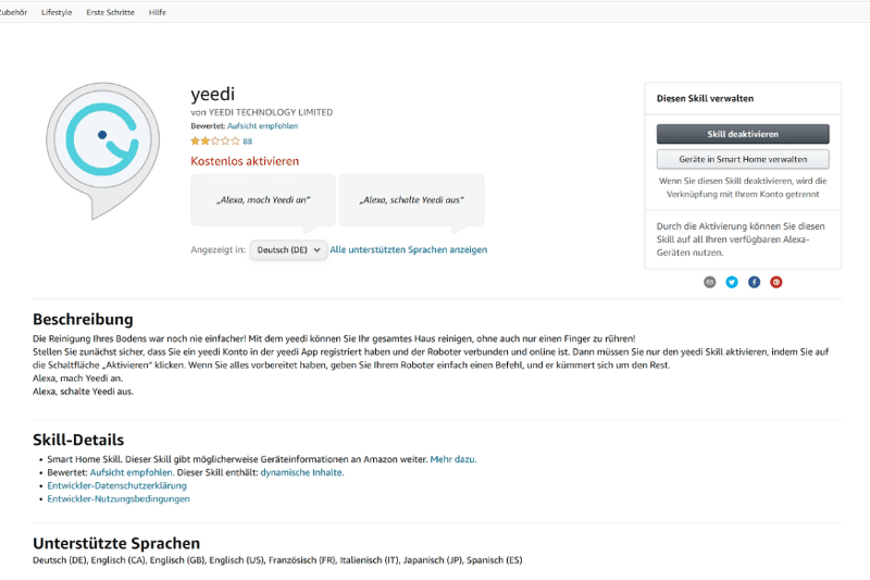 Der Yeedi Sprach Skill von Alexa ist zu sehen.